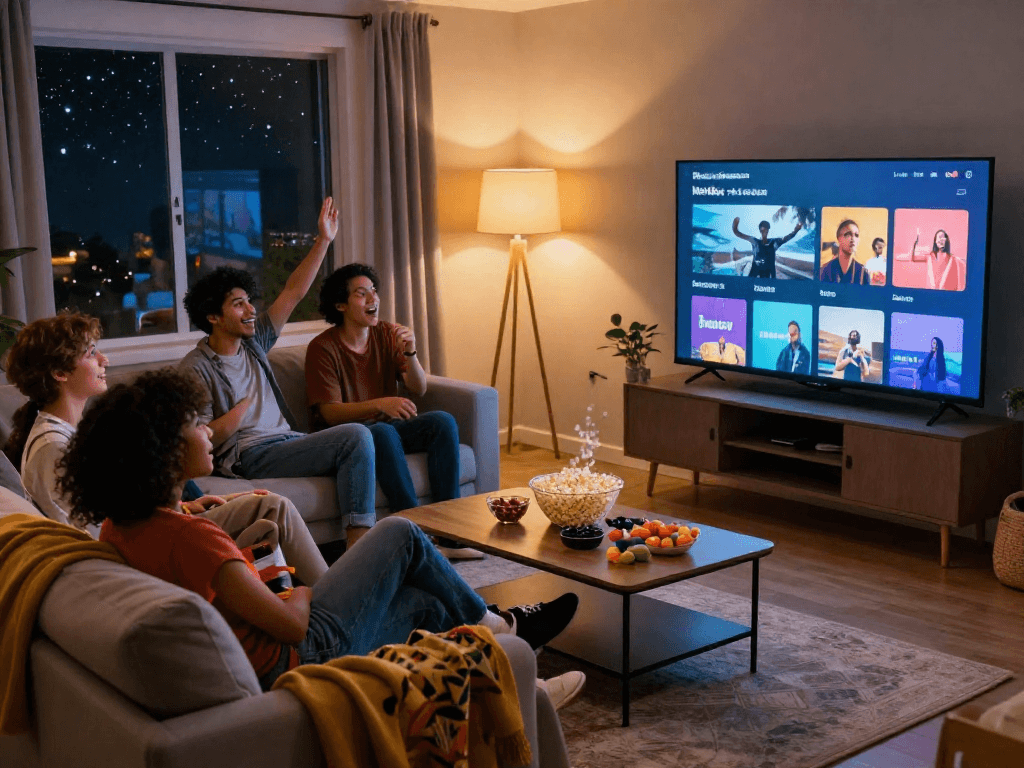 Friends enjoying Moviebox streaming in cozy living room with snacks.