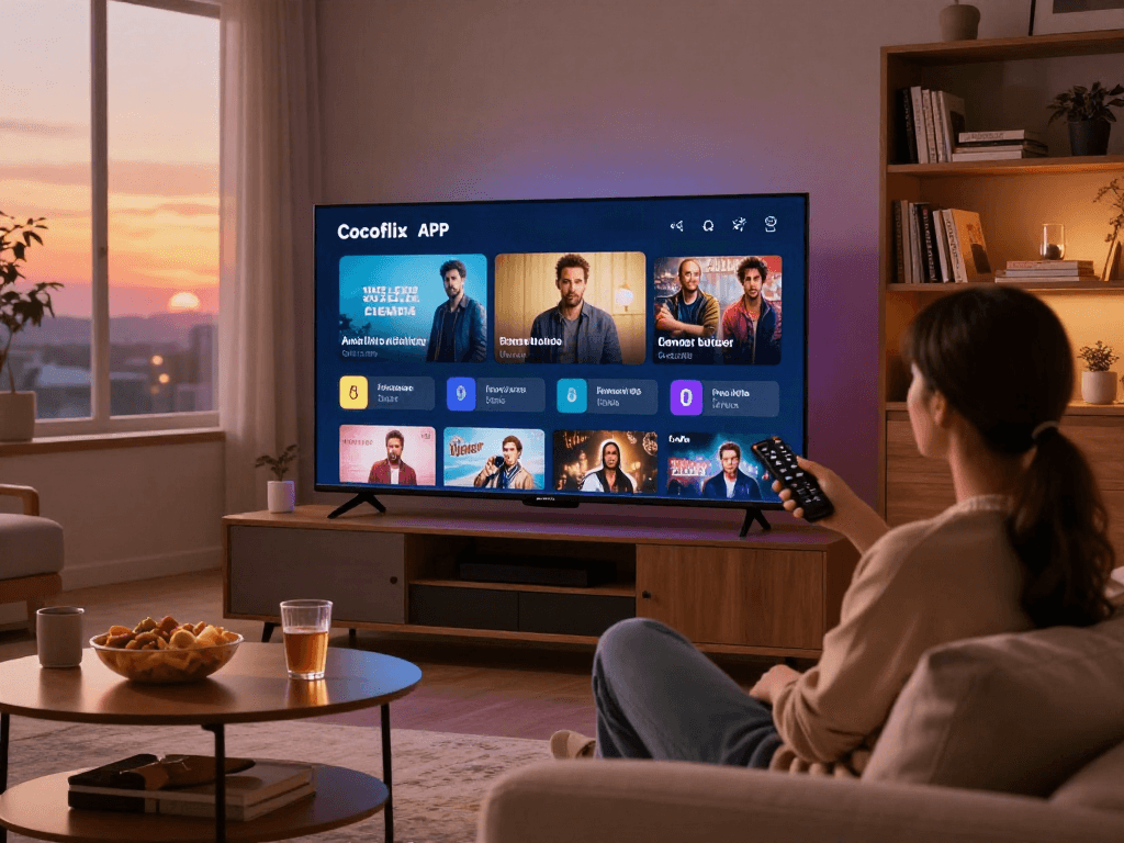 Cocoflix APK streaming on smart TV in a cozy living room with snacks.