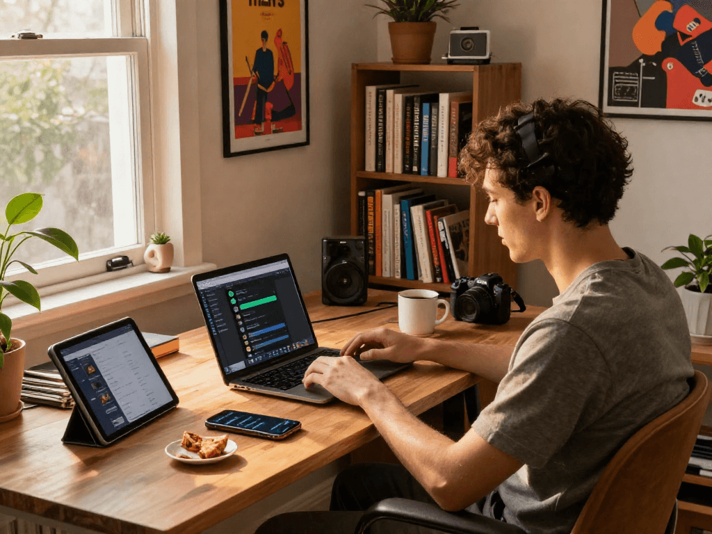 Explore spotify mod apk in a modern workspace with music devices and vibrant decor.