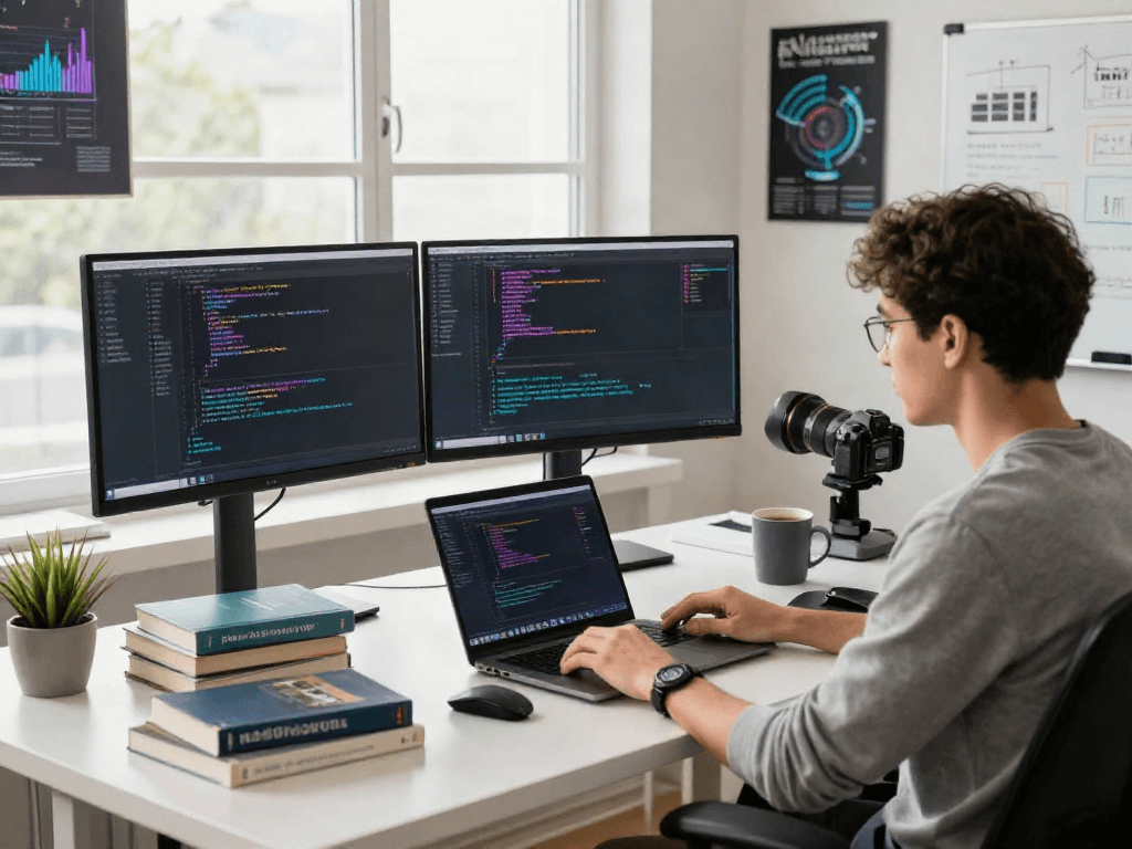 Developer coding on the latest pikashow apk in a modern workspace.