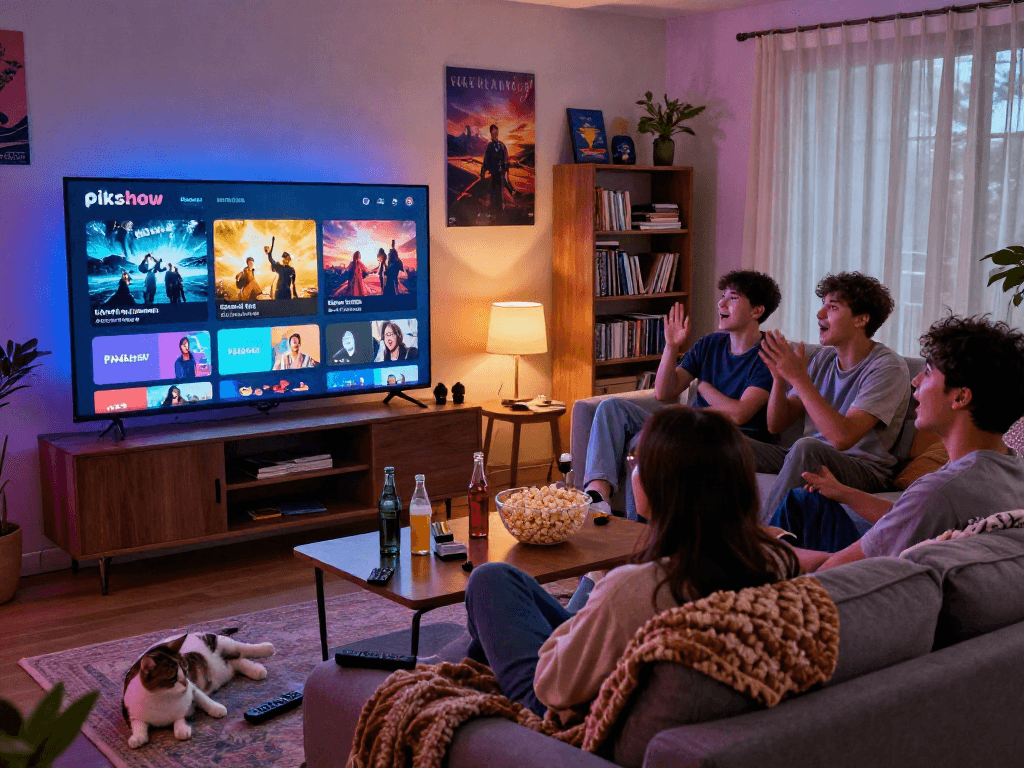Excited friends enjoying movie night using Pikashow in cozy living room.