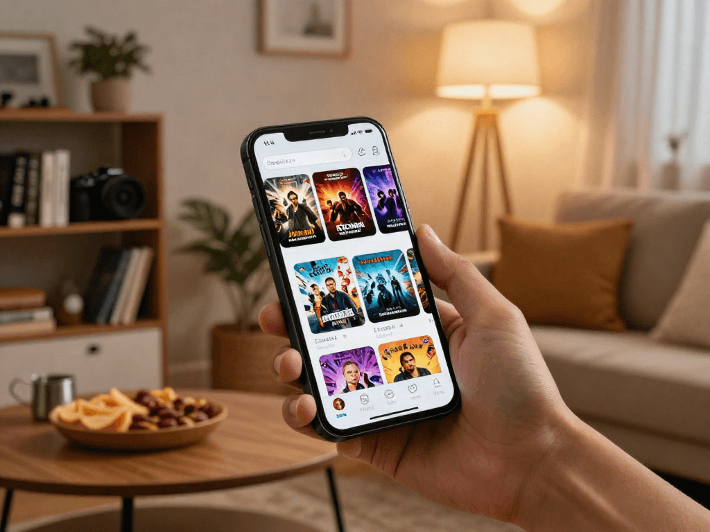 Engaging user exploring the filmyzilla APK on smartphone in cozy living room.