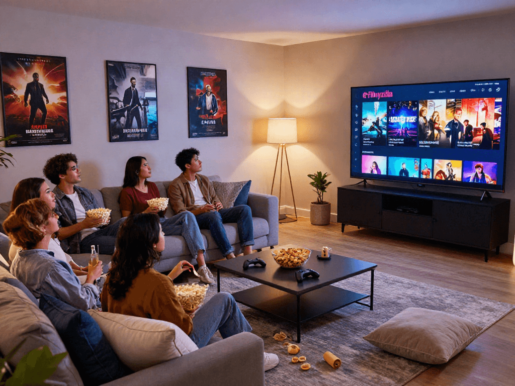 Friends enjoying filmyzilla download movie night in a cozy home theater