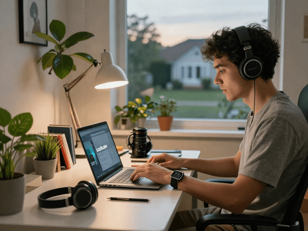 Exploring cocoflix apk on a laptop in a cozy home office with tech gadgets and vibrant plants.