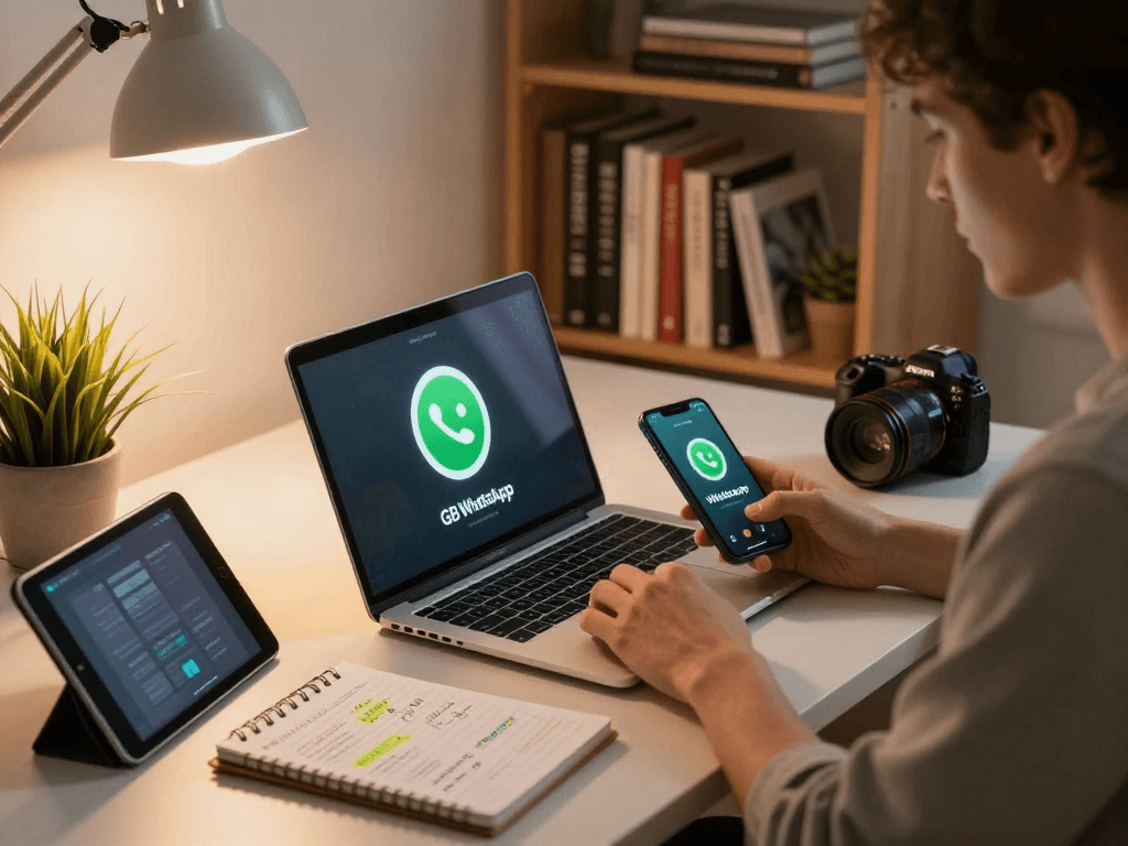 Engaged user exploring gb whatsapp on laptop in a cozy tech workspace.
