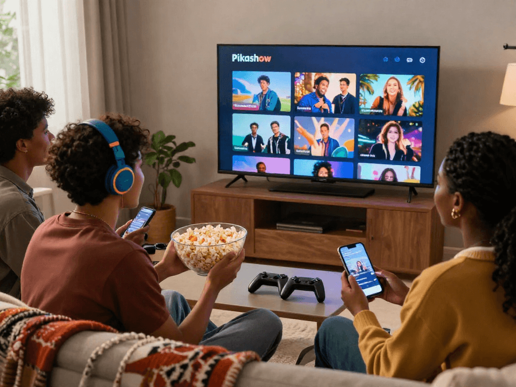 Pikashow streaming app displayed on a smart TV while friends enjoy a movie night.