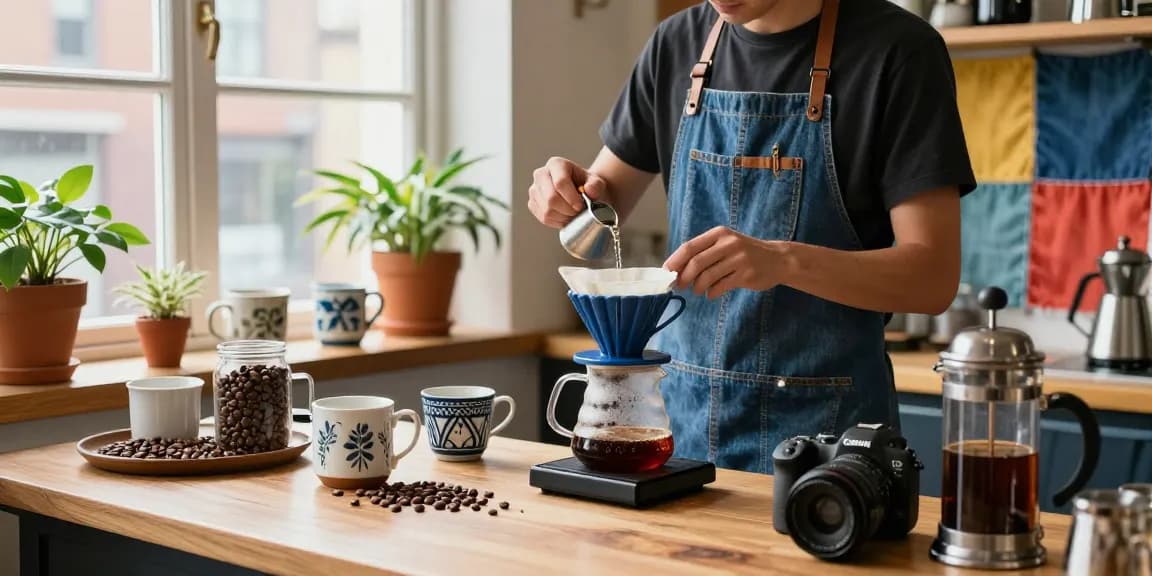 Pour-over coffee preparation using Ebb filters at www.ebbfilter.com, featuring a barista in a stylish apron with upcycled denim.