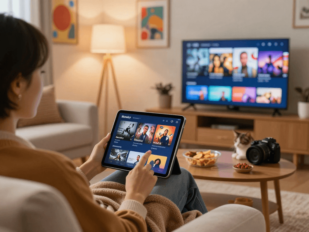 Engaging user on the Moviebox app enjoying a movie night in a cozy home setting.