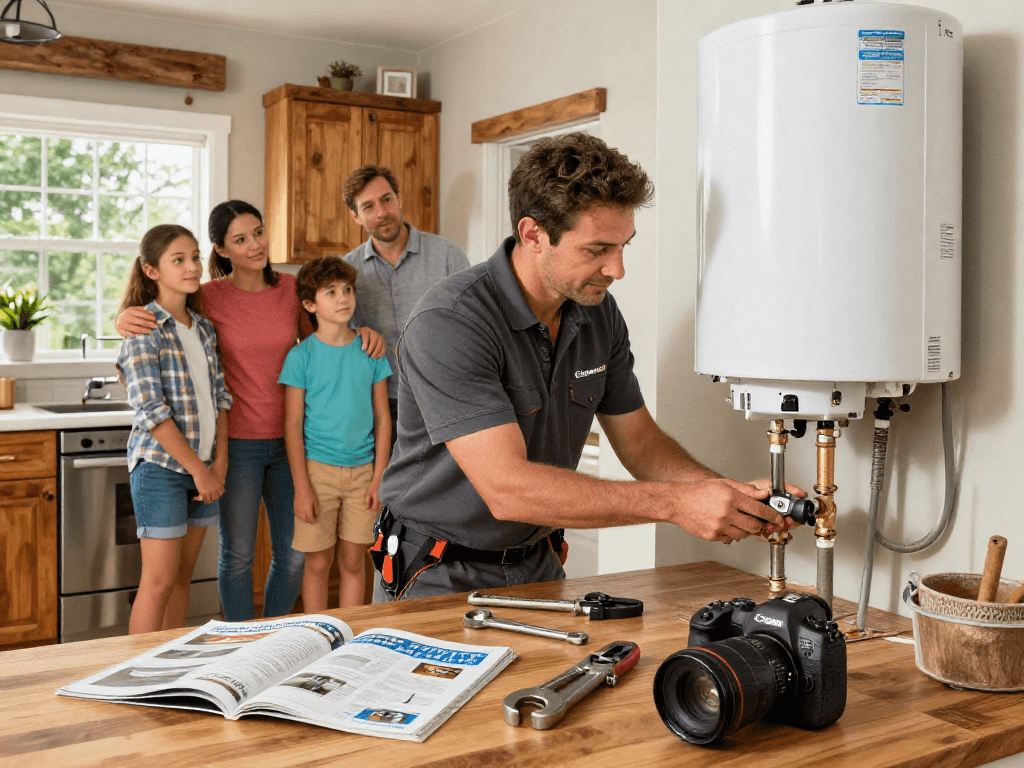 Plumbing expert performing water heater replacement in Fort Worth home, showcasing tools and family involvement.