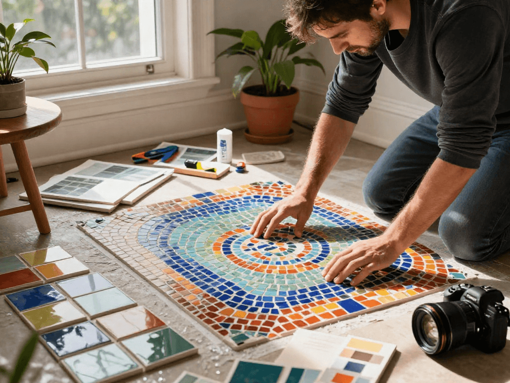 Mosaic tiles sydney being expertly arranged in a bathroom design, showcasing vibrant colors and textures.