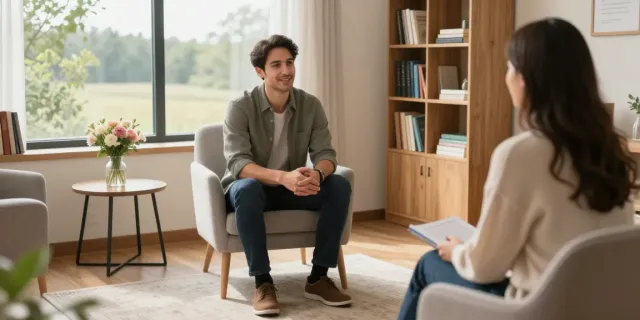 Anxiety and depression therapist Murfreesboro TN, Robert engages warmly with clients in a cozy therapy office.