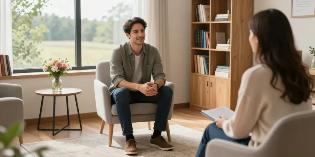 Anxiety and depression therapist Murfreesboro TN, Robert engages warmly with clients in a cozy therapy office.