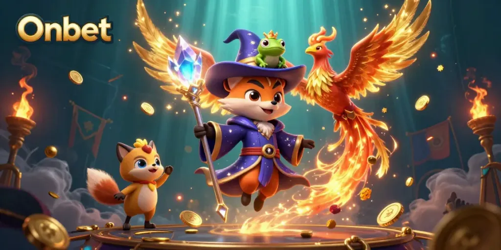 Experience excitement with Onbet's thrilling gaming scene featuring a wizard fox and phoenix in dramatic fire.