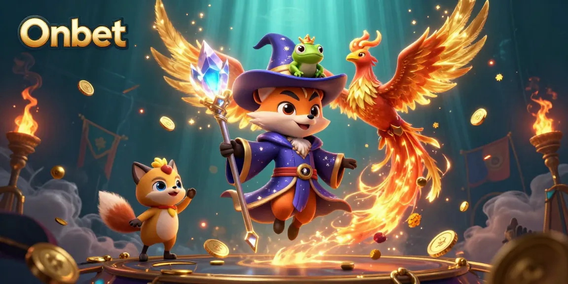 Experience excitement with Onbet's thrilling gaming scene featuring a wizard fox and phoenix in dramatic fire.