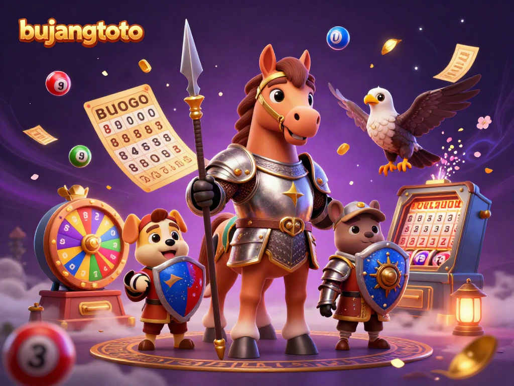Engage in bujangtoto lottery excitement with a knight, puppy, and falcon amidst dynamic game elements.