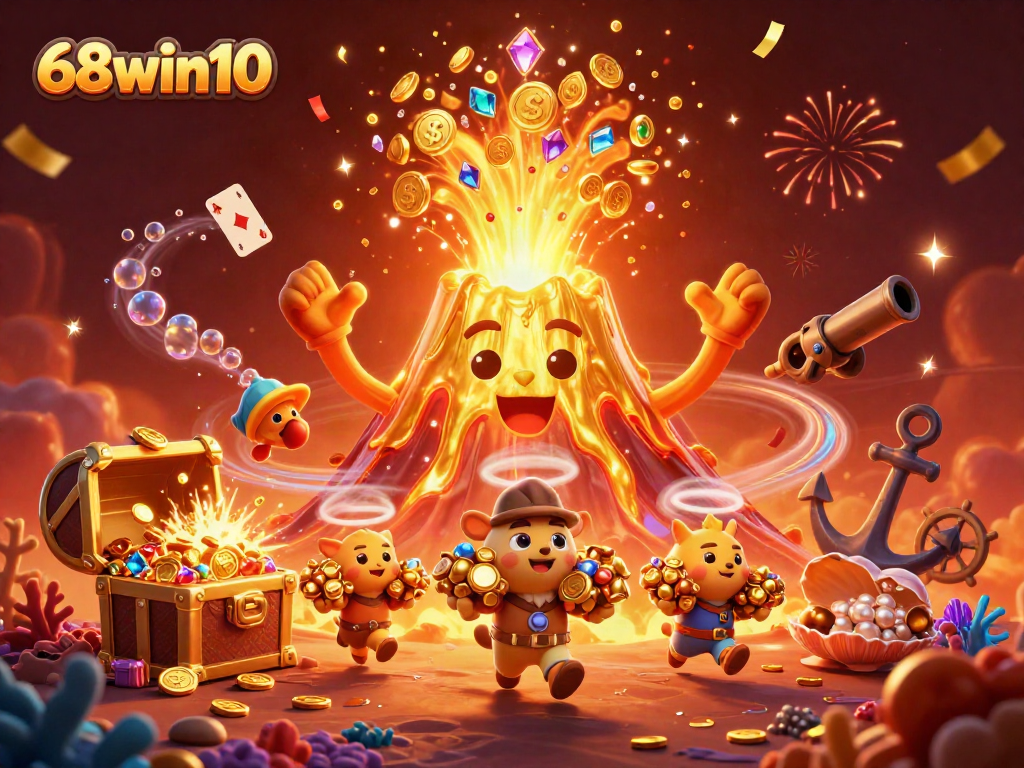 Experience the excitement of 68win10 with a vibrant casino-themed illustration showcasing treasures and fun.