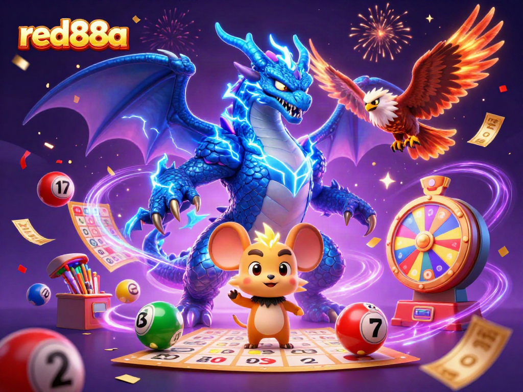 Experience thrilling moments with red88a, illustrated by vibrant characters and dynamic gaming elements in a fantastical casino scene.