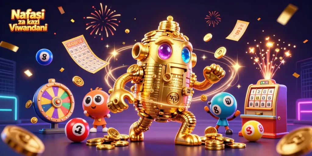 Nafasi za kazi Viwandani showcases an animated golden golem and vibrant lottery elements in a casino-themed illustration