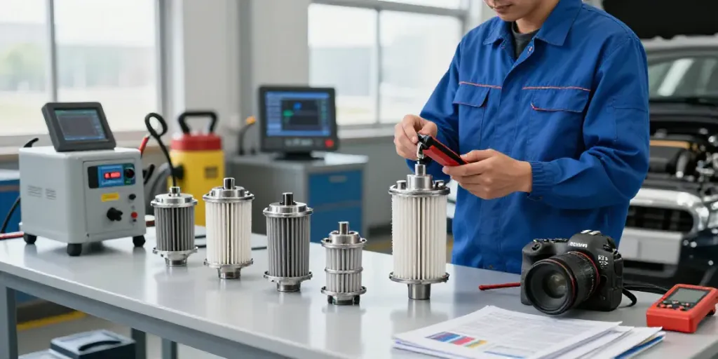 DPF reinigung hannover - technician inspecting diesel particulate filter in a modern automotive workshop