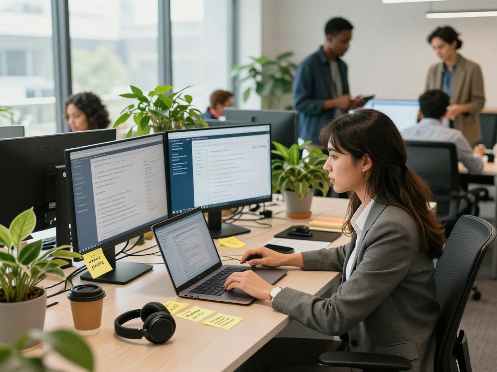 Engaged professional woman searching for jobs, หางาน, in a modern co-working space with vibrant ambiance.