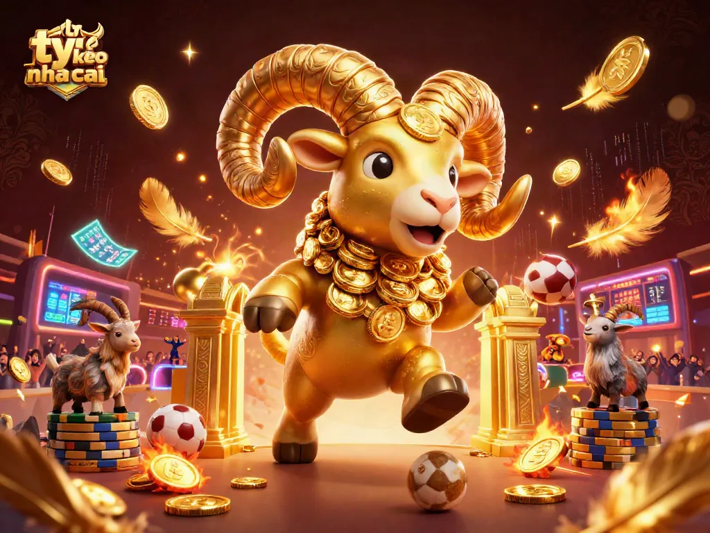 Bet on ty le keo nha cai with a dynamic 3D illustration of a golden ram charging at a sports betting arena.
