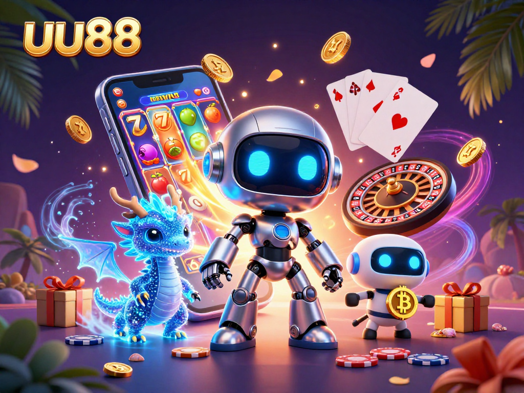 uu88 celebrates winning moments with a vibrant 3D digital casino scene and futuristic characters.