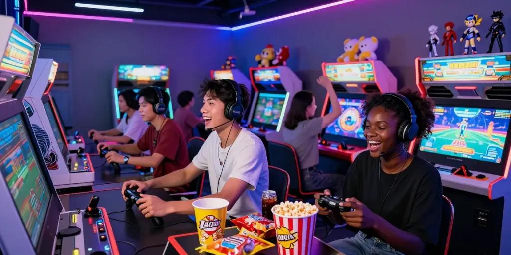 Friends enjoying a multiplayer gaming session at QQMacan arcade, surrounded by vibrant lights and snacks.