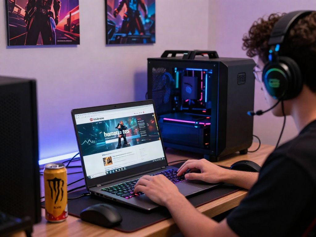 Engaging scene of a gamer immersed in situs hargatoto gaming on a laptop, showcasing equipment and a vibrant ambiance.