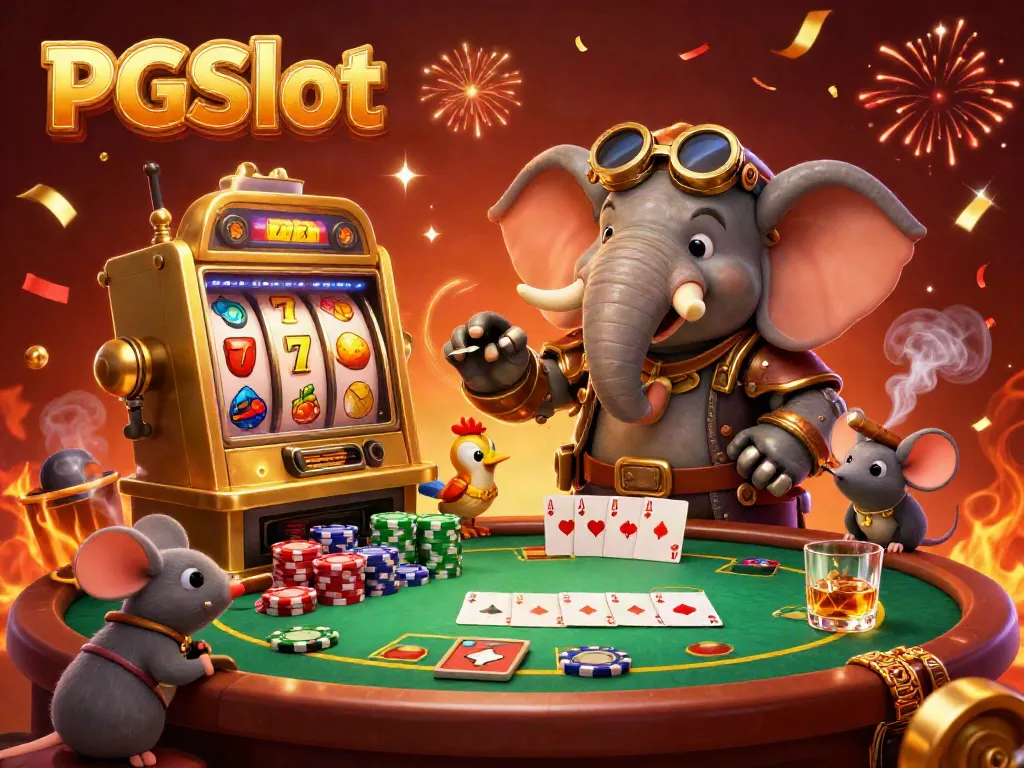 Engage with PGSlot's thrilling 3D casino scene featuring steampunk characters and vibrant game elements.