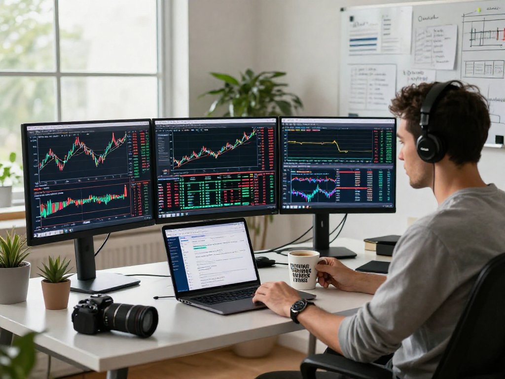 Trader using TradingView on multiple screens in a modern workspace.