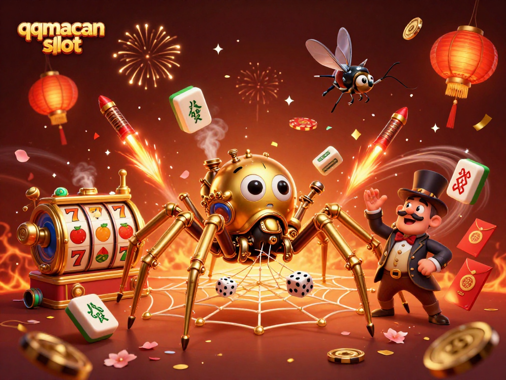 Enter the exciting world of qqmacan slot with a whimsical steampunk spider and animated game elements.