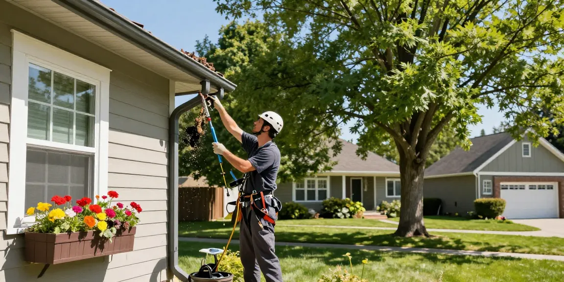 Skilled technician engaged in Spokane gutter cleaning while ensuring home safety.