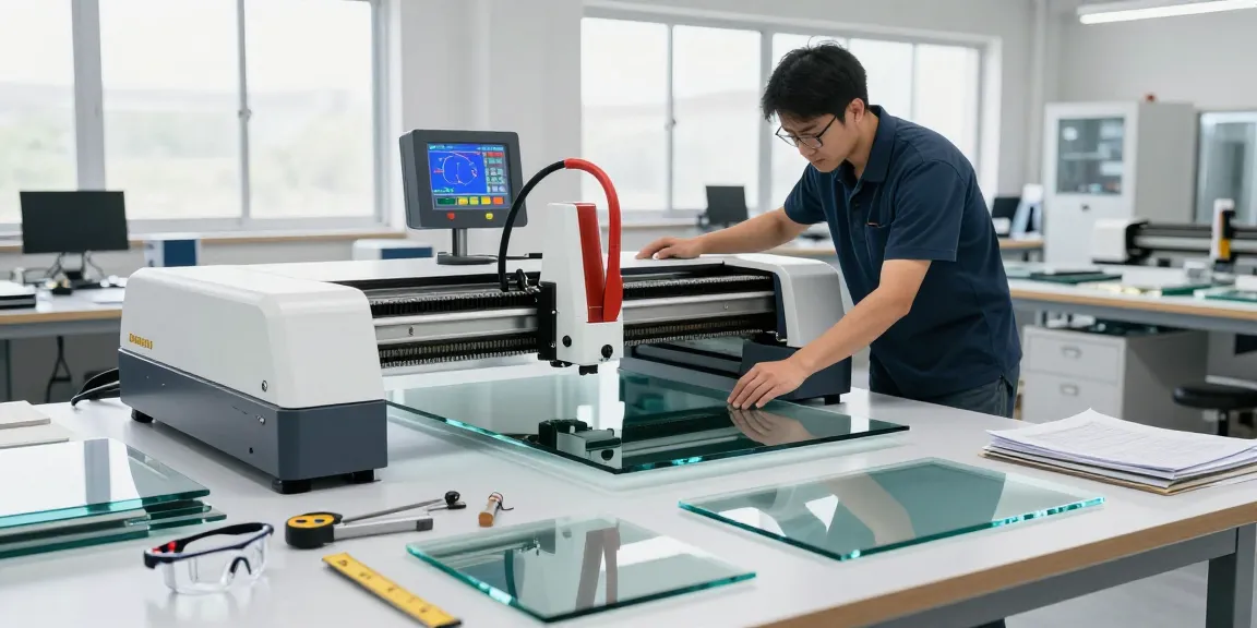 Expert technician using a glass cutting machine manufacturer in a bright workshop.