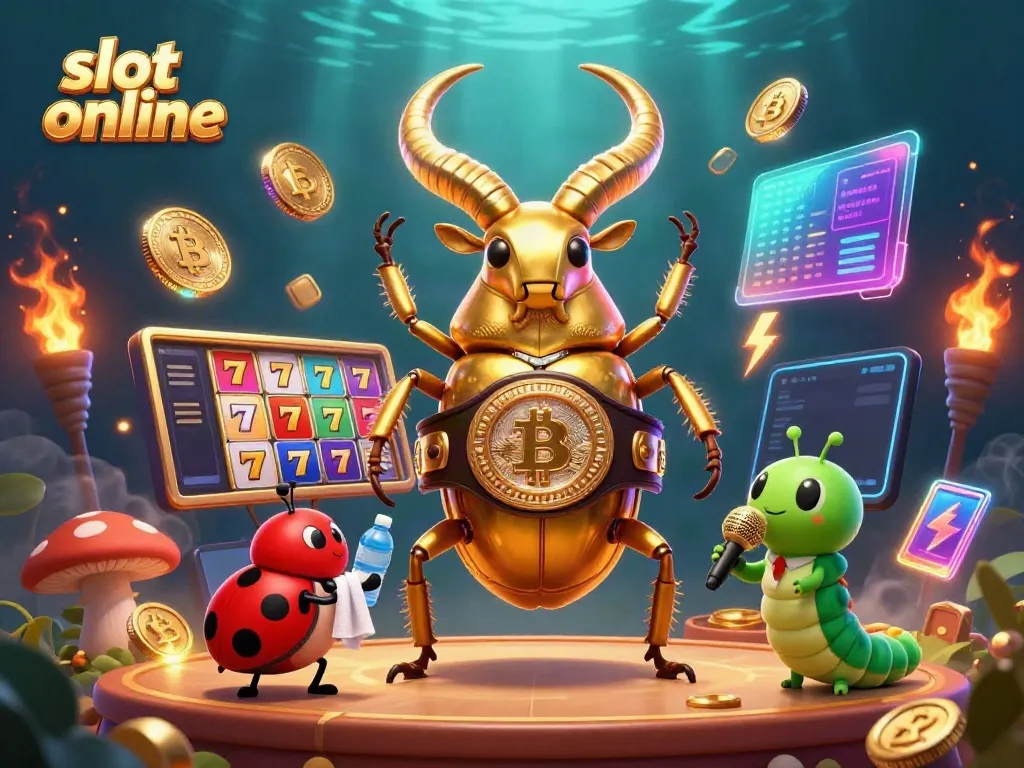 Engage with thrilling slot online games, featuring a boxing beetle champion and vibrant graphics.