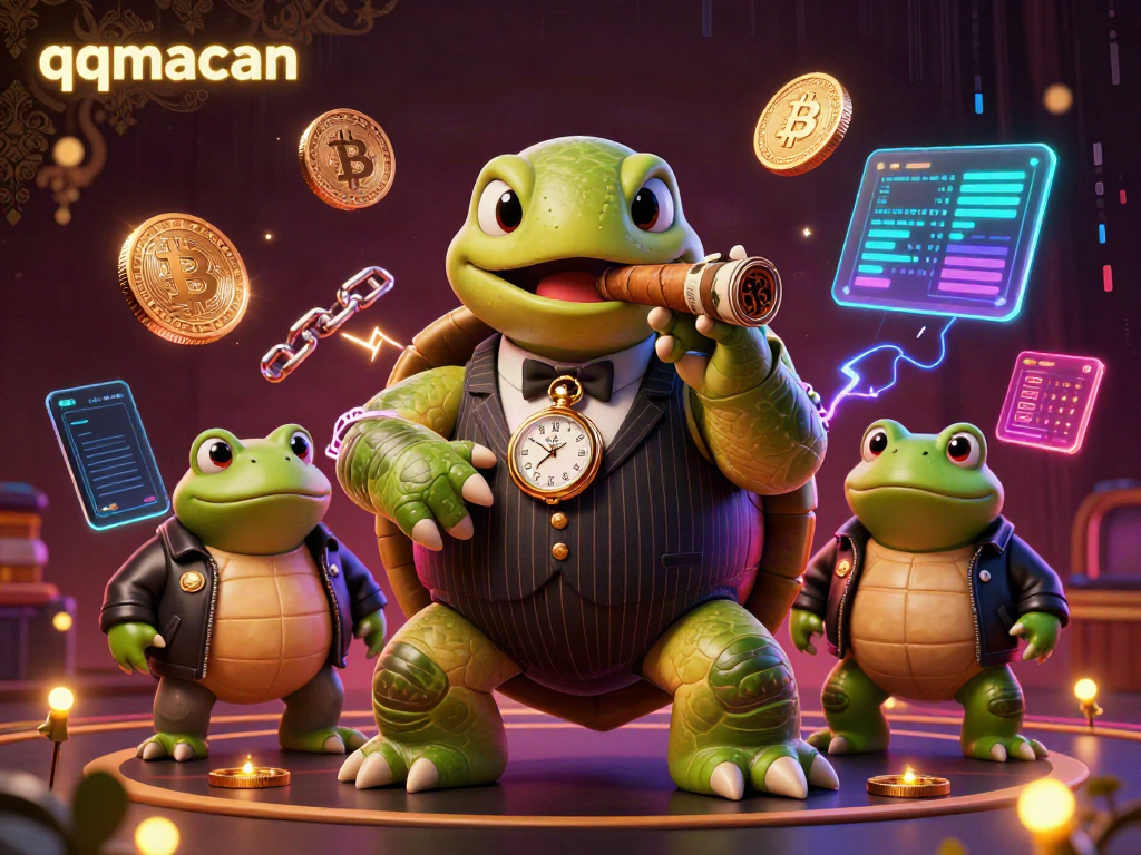 Experience thrilling casino gaming with qqmacan's vibrant characters and neon crypto elements.