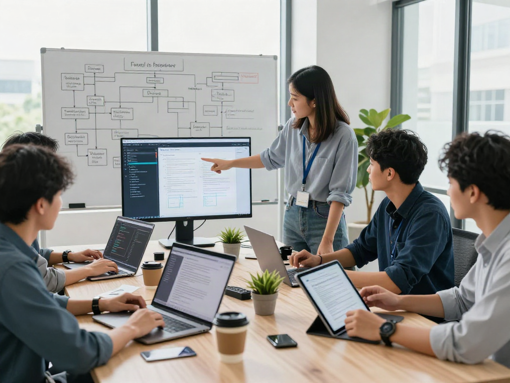 Document fraud detection software collaboration among engineers in a modern office.