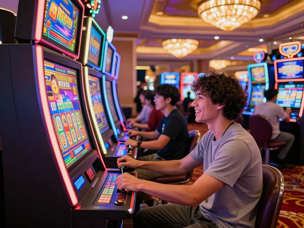 Exciting slot machine action in a lively casino atmosphere featuring colorful gaming machines.