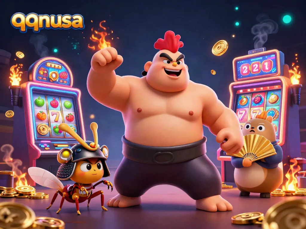 Engaging scene of qqnusa with a powerful rooster wrestler and a fierce samurai cricket amidst vibrant slot machines.