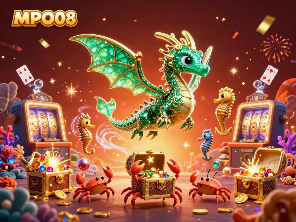 Experience thrilling MPO08 gameplay with a vibrant sea dragon and treasure-filled scene.