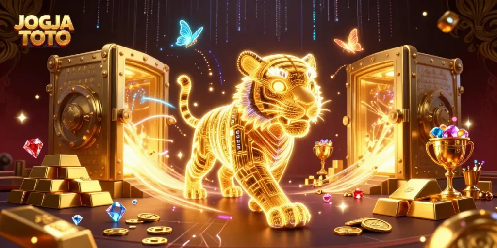 Engage in thrilling gameplay with JOGJA TOTO, vibrant 3D casino scene full of treasures.
