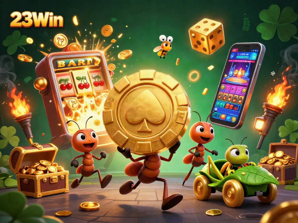 Experience thrilling wins with 23Win, where a team of ants heist a giant poker chip amidst dazzling casino elements.