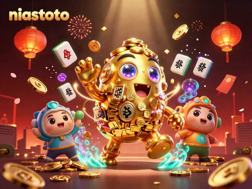 Experience niastoto with a vibrant 3D scene featuring a golden golem and festive gambling elements.