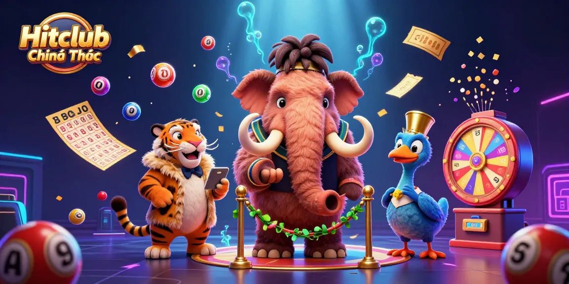 Hitclub Chính Thức enhances the casino experience with vibrant characters amidst dynamic lottery and gaming elements.
