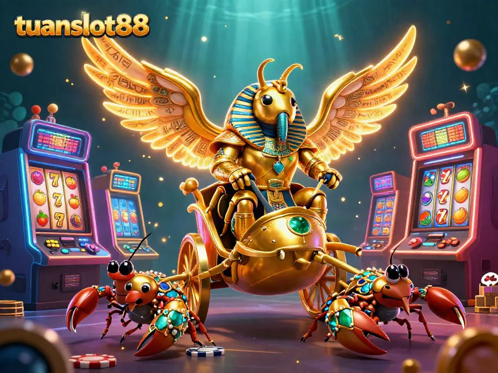tuanslot88 menghadirkan ilustrasi kasino slot dengan karakter menarik dan elemen permainan yang berwarna-warni.