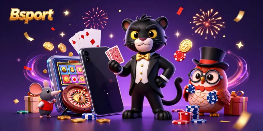 Experience lively gaming with Bsport in this magical casino scene featuring dynamic characters.