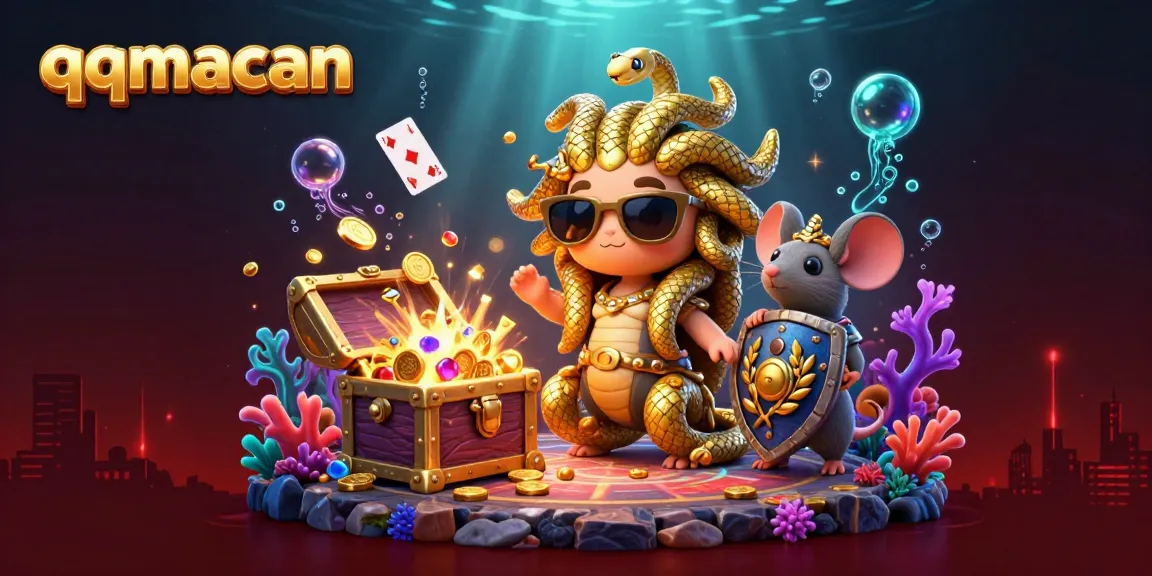 Engage with the exciting qqmacan platform through a vibrant 3D illustration filled with casino elements.