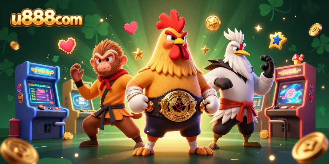 Engage with u888com's dynamic casino world featuring a Muay Thai rooster, Shaolin monkey, and wise crane across an action-filled scene.