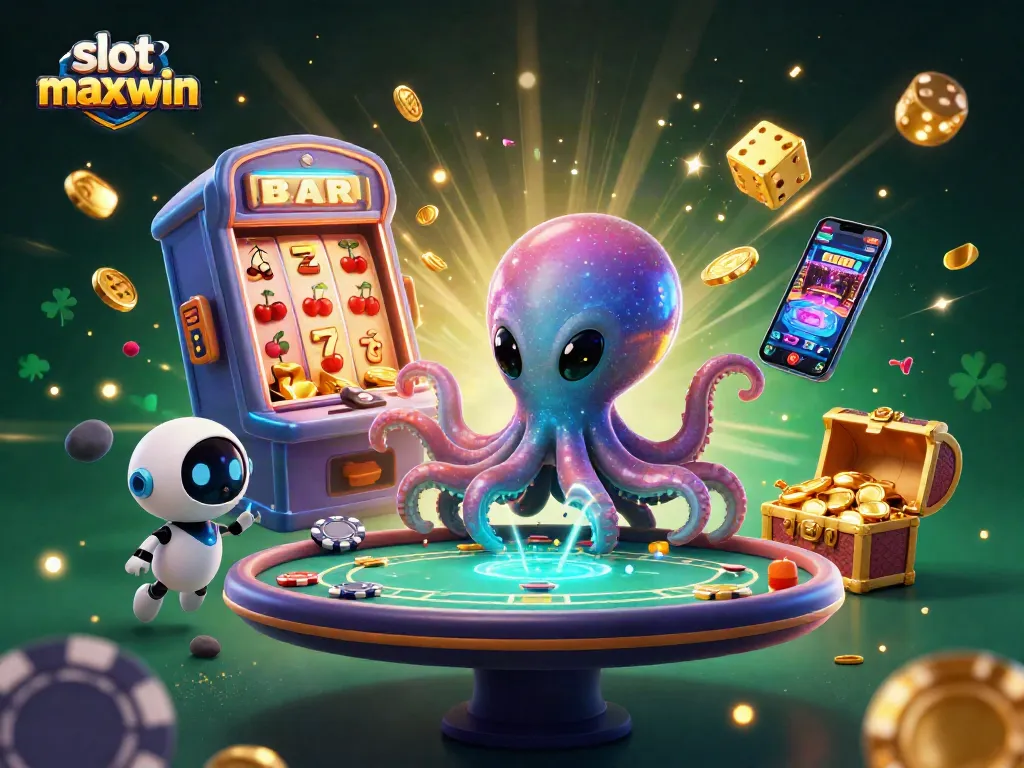 Experience thrilling slot maxwin moments with a vibrant 3D alien octopus at a casino table.