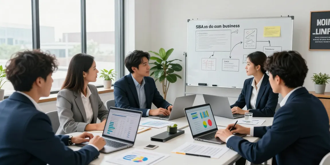 SBA loan to buy a business meeting in a modern office, showing professionals discussing strategies.