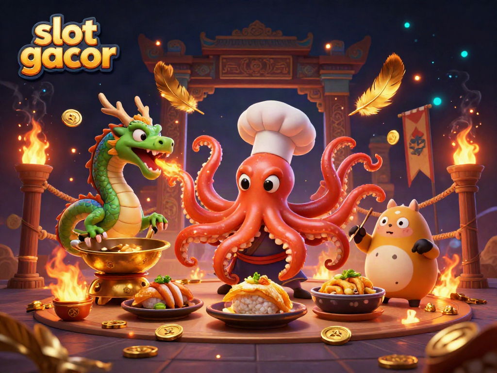 Engage with slot gacor action featuring a lively octopus chef and dragon amidst casino elements.